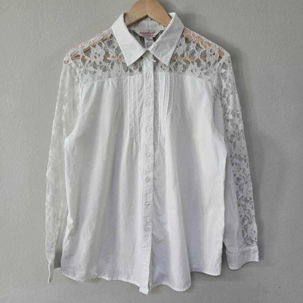 Together Classics Button Down Shirt Womens Large White Lace Pleated Tuxedo Bib